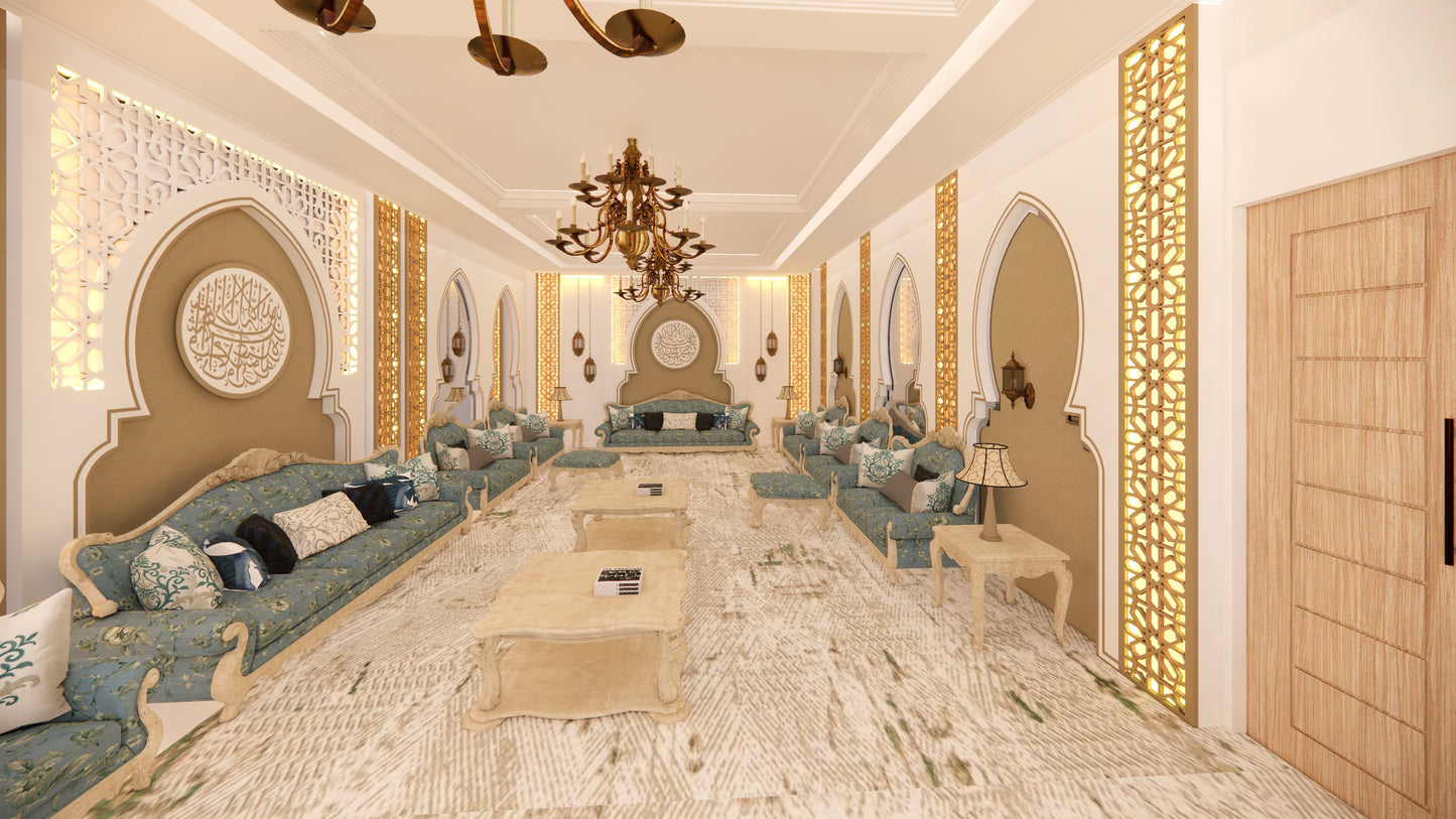 Residential interior décor design service showing luxurious living room 2d and 3d renders with furniture layout and space planning by EPTM LTD