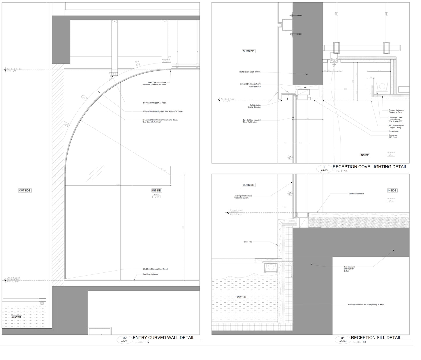 Commercial and office building design service 2D architectural drawing showing curved wall and ceiling detail with engineering labels and dimensions by EPTM LTD