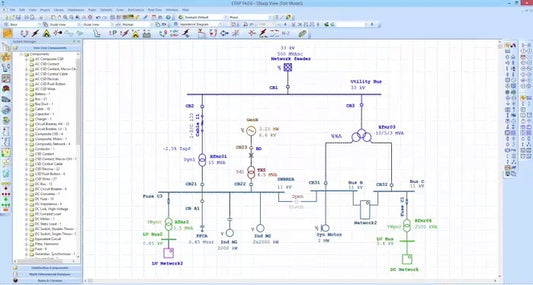 ETap electrical design software interface showing single-line diagram and load flow study for LV/MV power systems by EPTM LTD