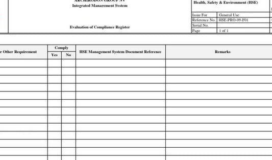 HSE Compliance Register document with legal compliance status, regulatory document reference and remarks columns for construction and engineering operations by EPTM LTD