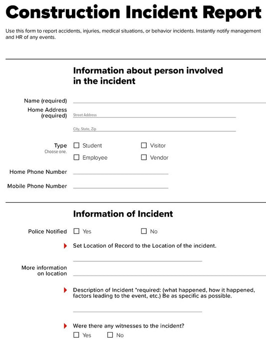 Incident Investigation Forms document with structured fields for root cause analysis and HSE incident reporting in construction and engineering operations by EPTM LTD