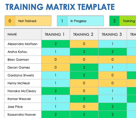 Training Procedures and Matrix document showing workforce competency levels and HSE training tracking for construction and engineering operations by EPTM LTD